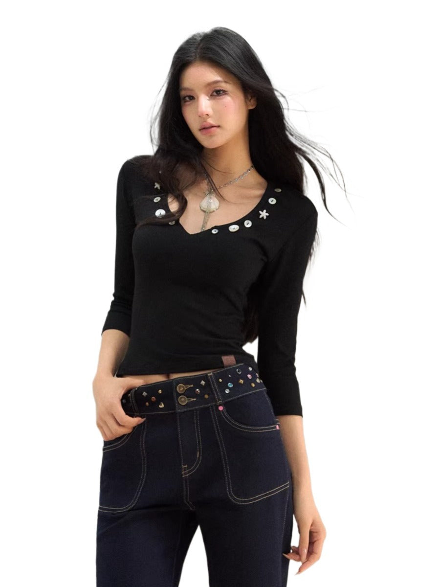Embellished V-Neck Knit Top