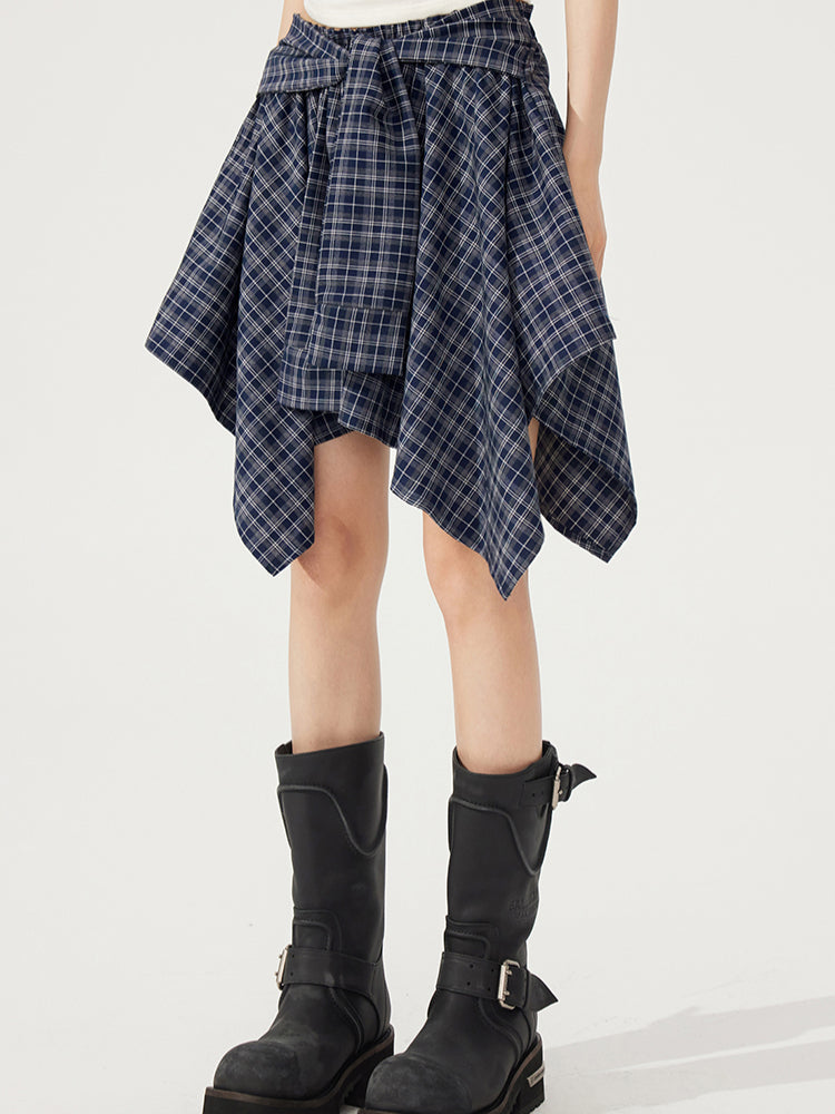 Plaid Tie Up Irregular Shirt Skirt