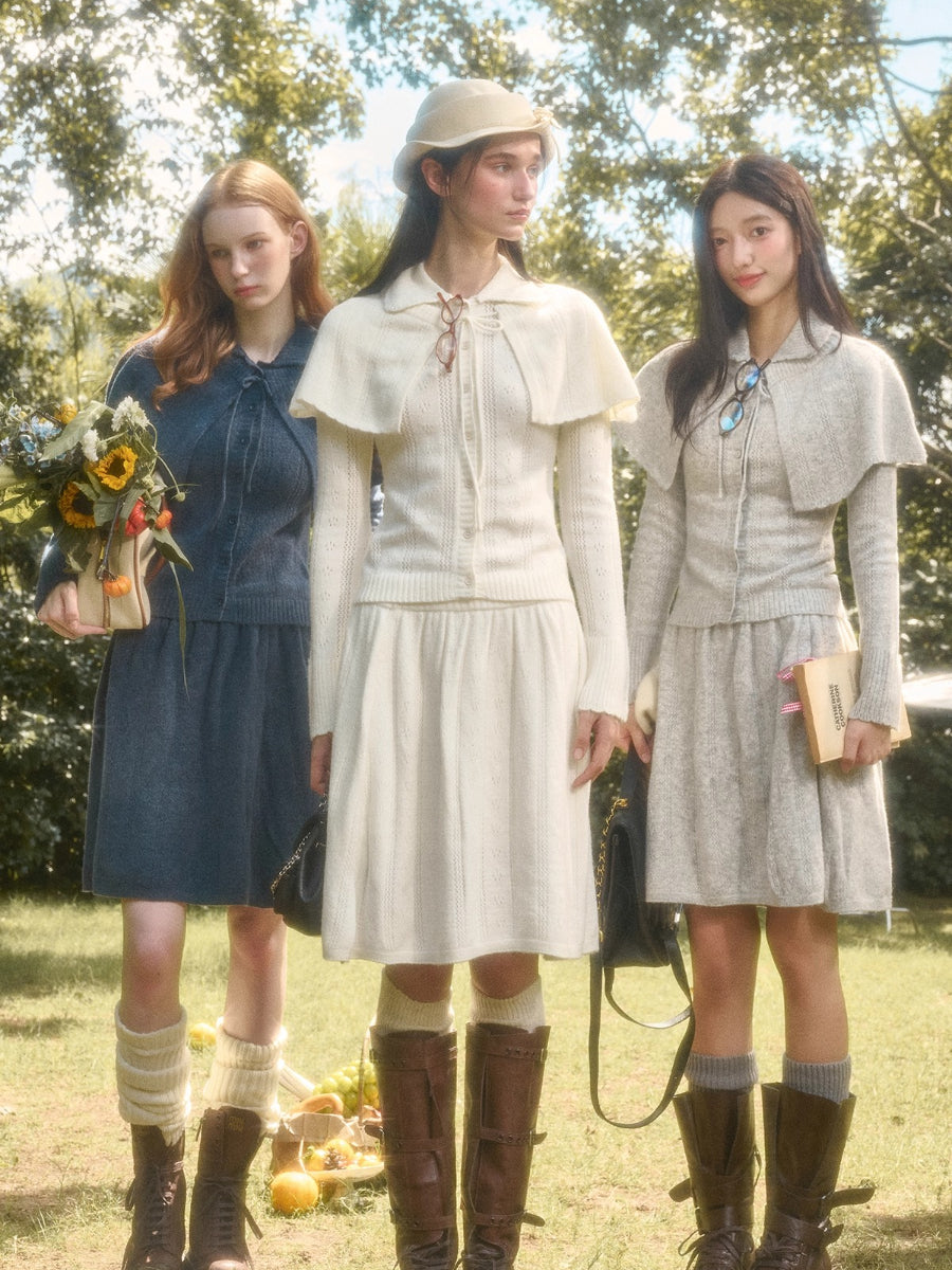 Snow Library Wool Knit Cape Cardigan &amp; Skirt Set