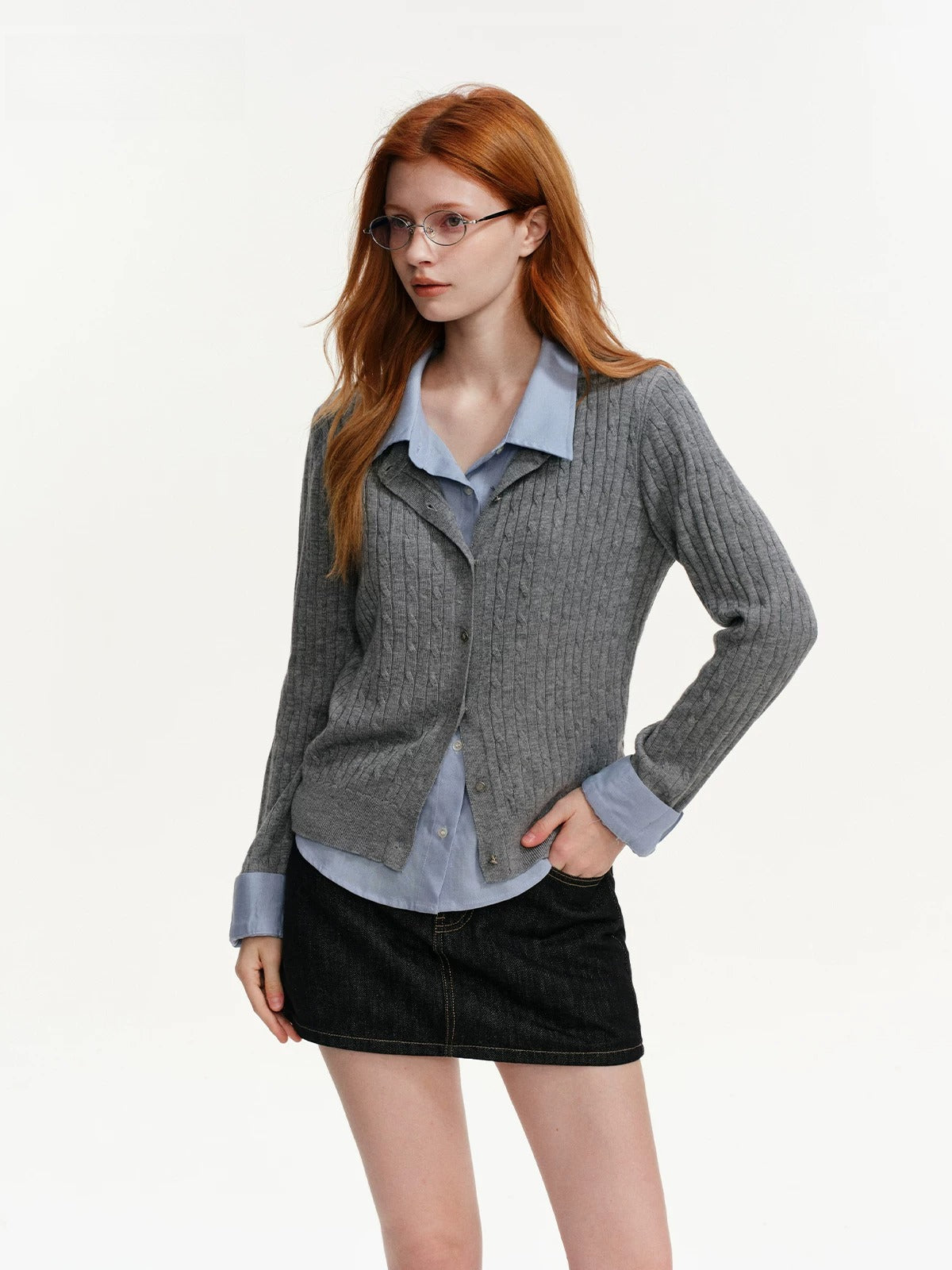 Cable Knit Layered Shirt Cardigan