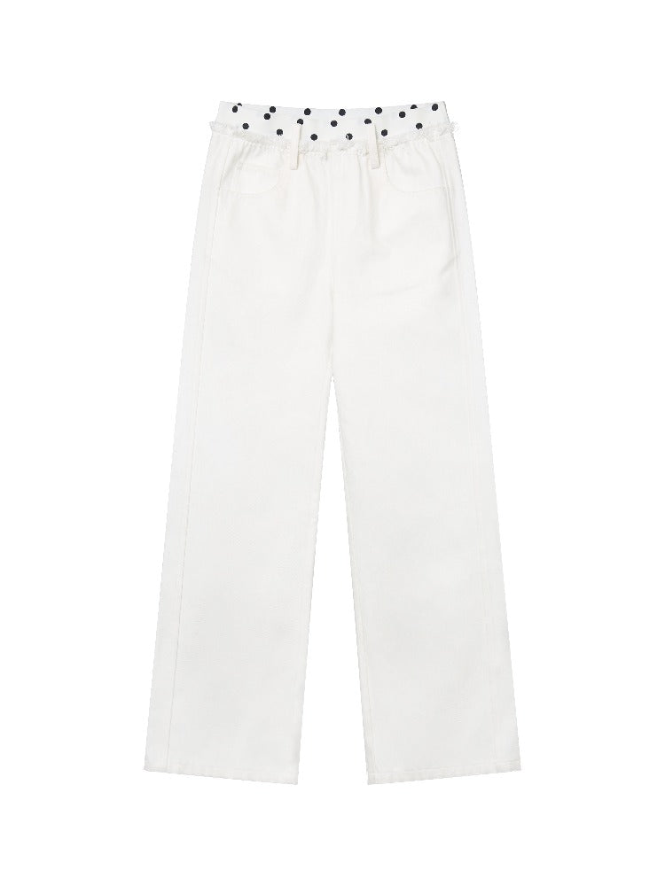 Beige Polka Waist Straight Jeans