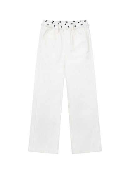 Beige Polka Waist Straight Jeans
