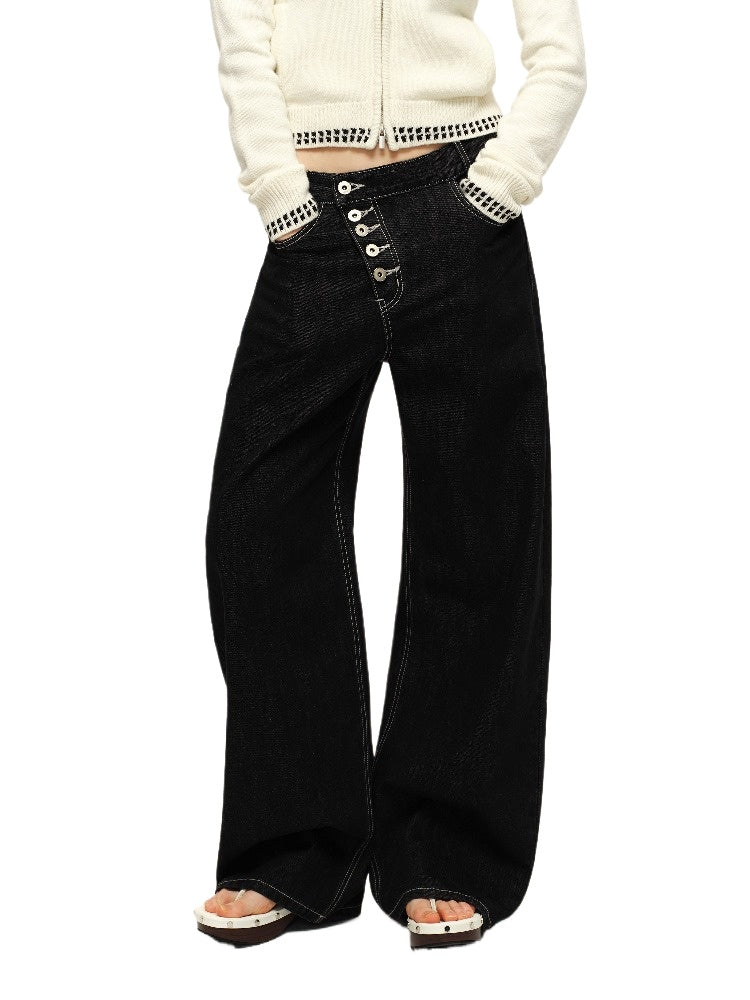 Asymmetric Button Straight Jeans