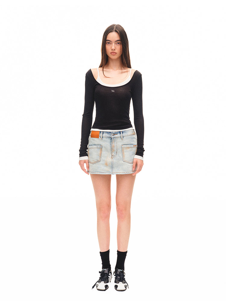 Color-block Two-piece Integrated Strap Layered T-shirt Top
