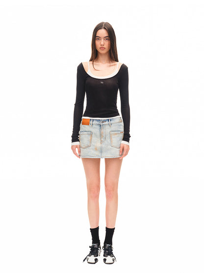 Color-block Two-piece Integrated Strap Layered T-shirt Top