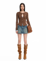 Vintage Washed Twill Patchwork Leather Straight Short Skirt