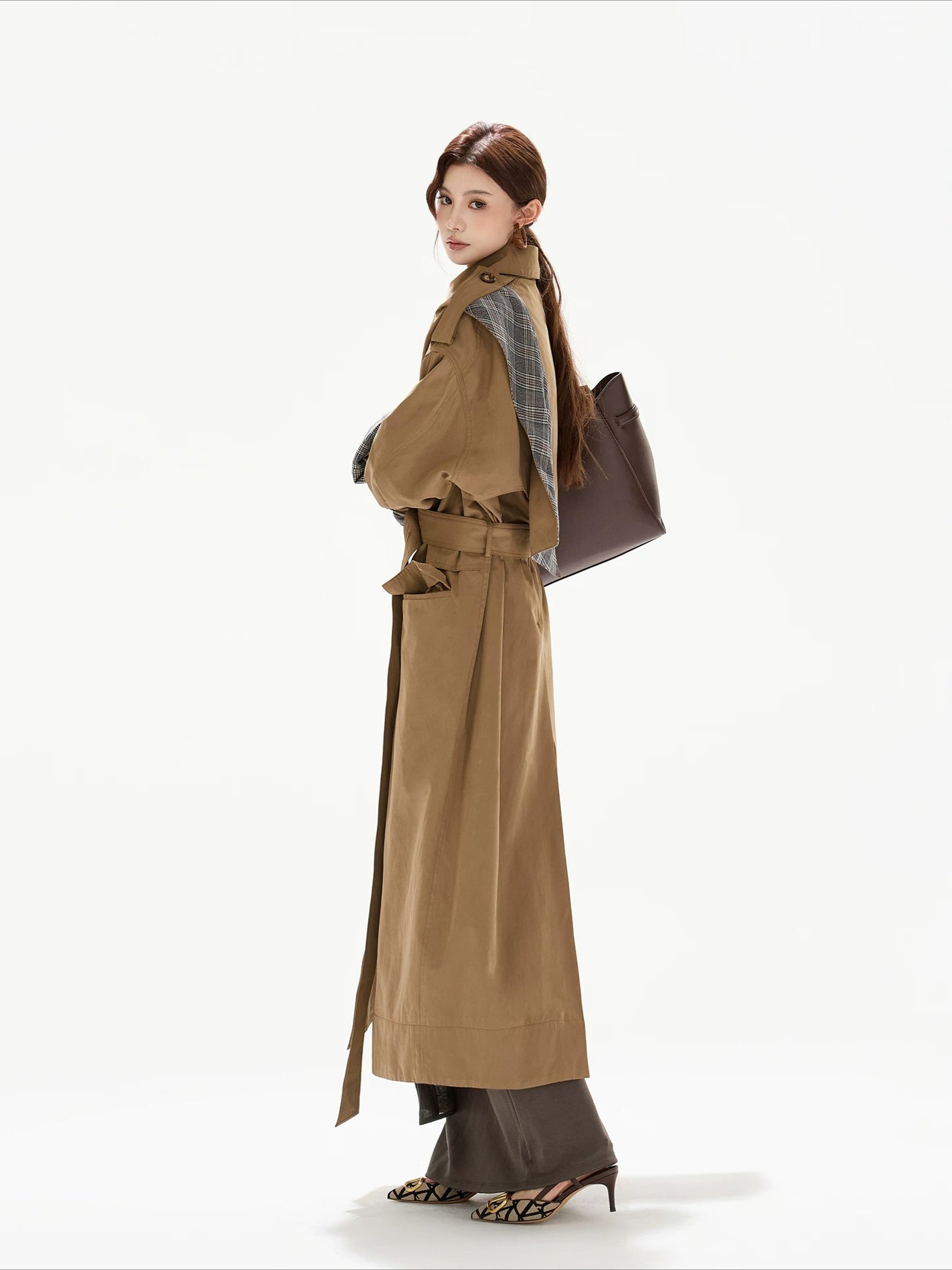 Khaki Plaid Belted Trench Coat