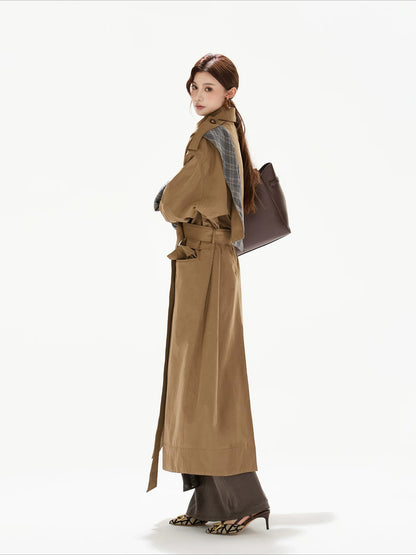 Khaki Plaid Belted Trench Coat