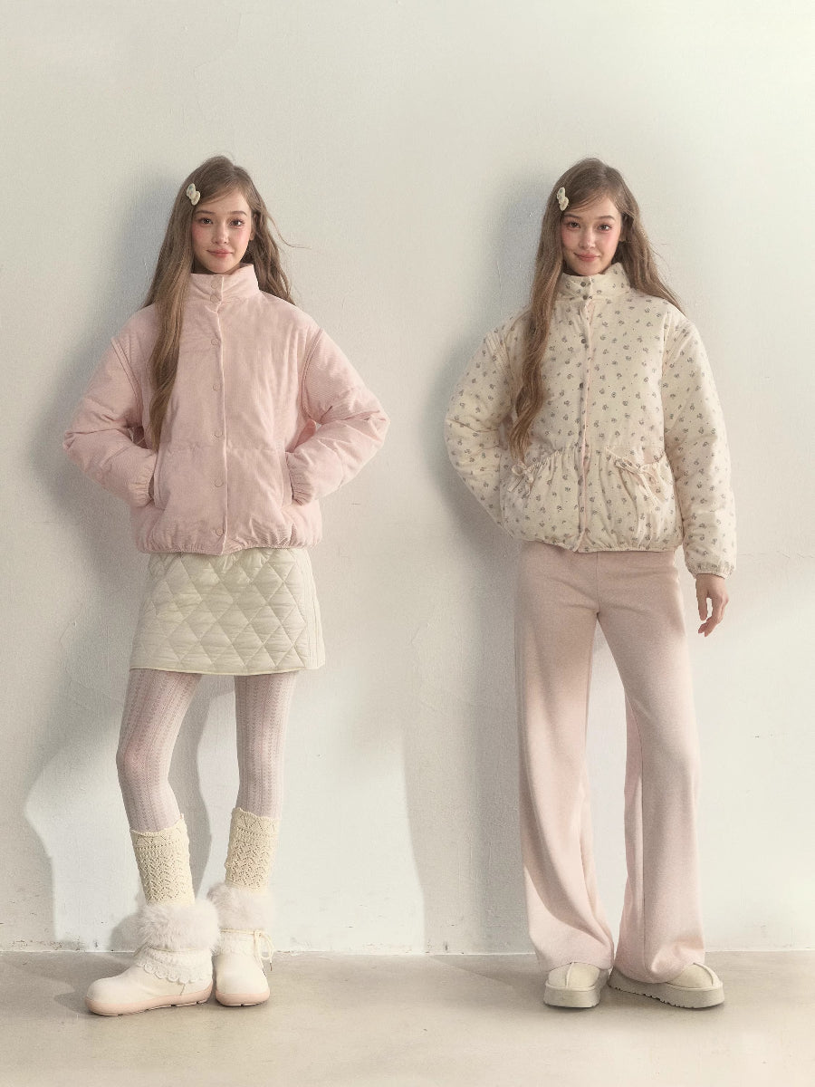 Pink Corduroy Floral Double-Sided Cotton Puffer Vest