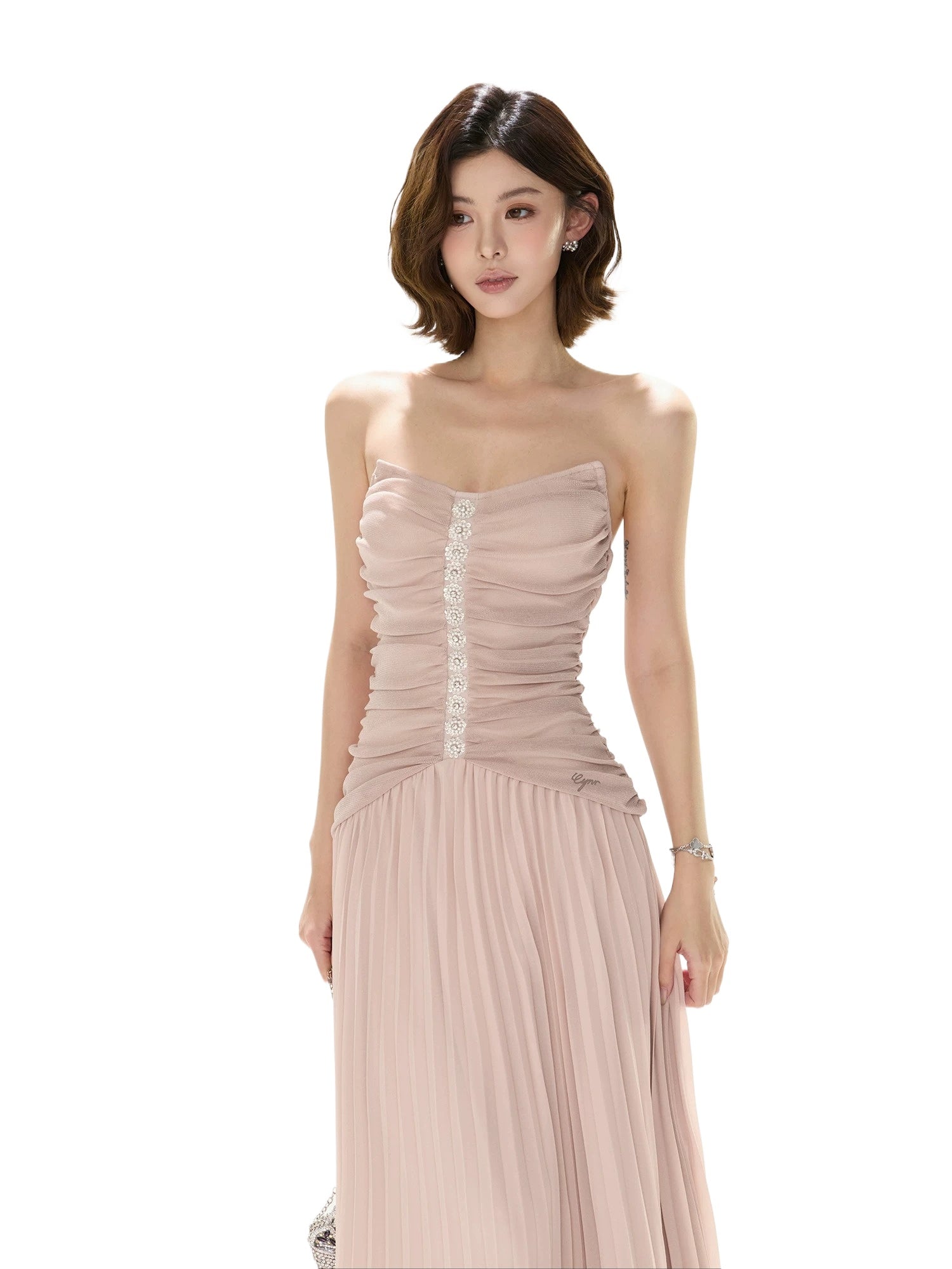 Pleated Mesh Maxi Dress