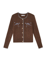 Brown Bow Embroidered Cable Knit Cardigan