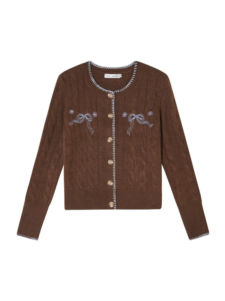 Brown Bow Embroidered Cable Knit Cardigan