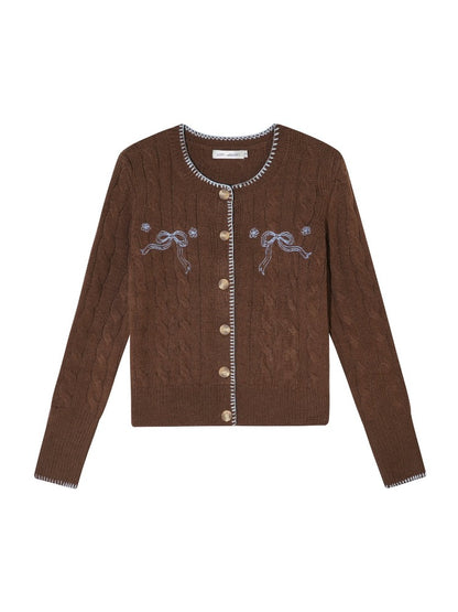 Brown Bow Embroidered Cable Knit Cardigan