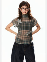 Vintage Plaid Mesh Short Sleeve Top
