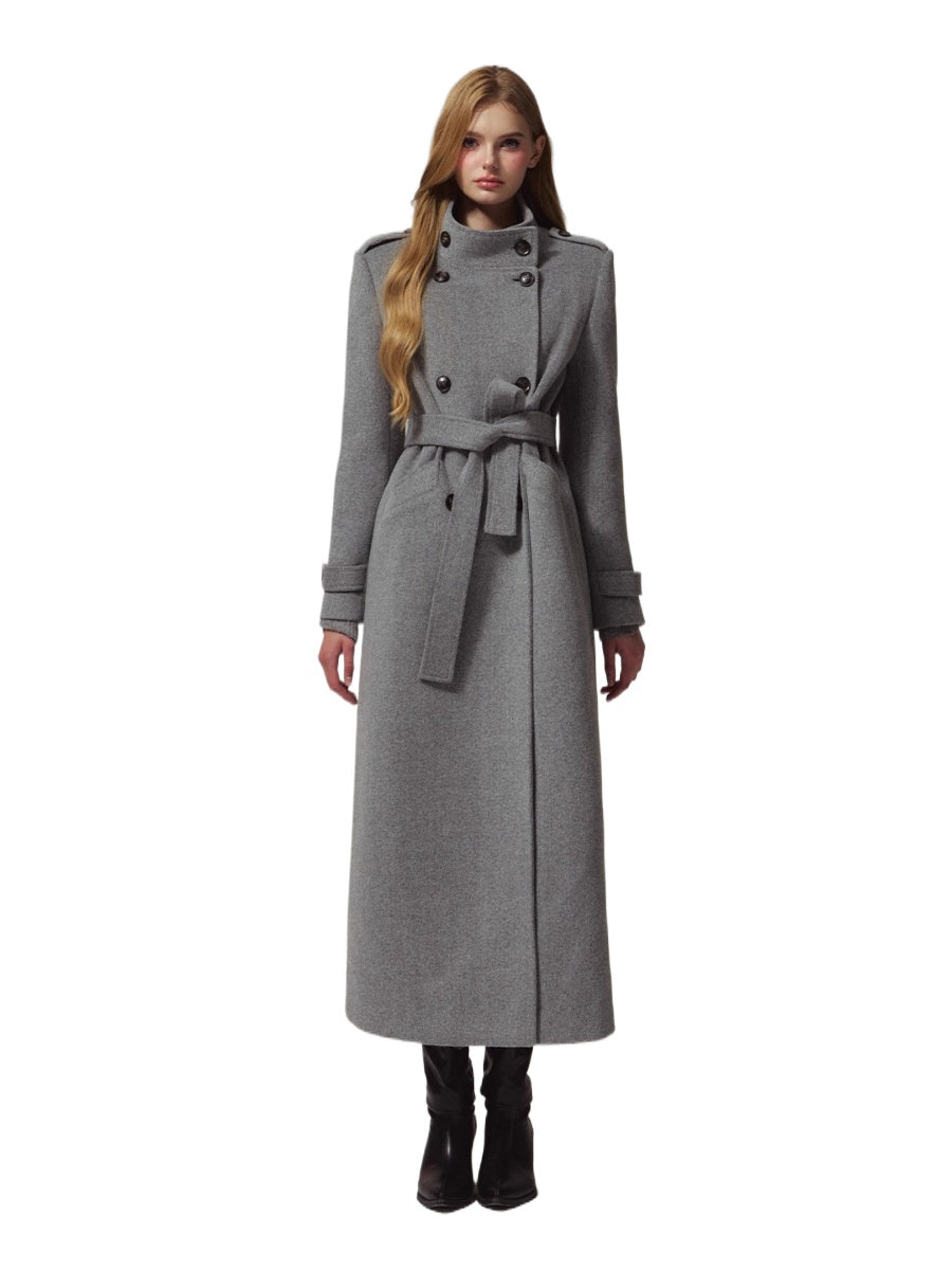Structured Epaulette Stand-Collar Wool Long Coat