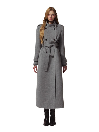Structured Epaulette Stand-Collar Wool Long Coat