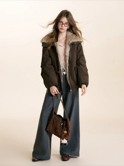 Brown &amp; White Fur Collar Parka Jacket