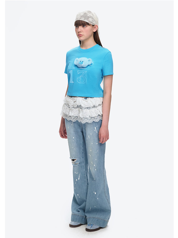 Detachable Semi-three-dimensional Bear Illustration T-shirt