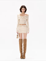 Apricot Twist Off-Shoulder Blouse & Skirt Set