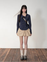 Navy Blue Plaid Lapel Collar Shirt