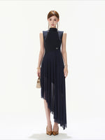 Navy Asymmetric Mock Neck Dress