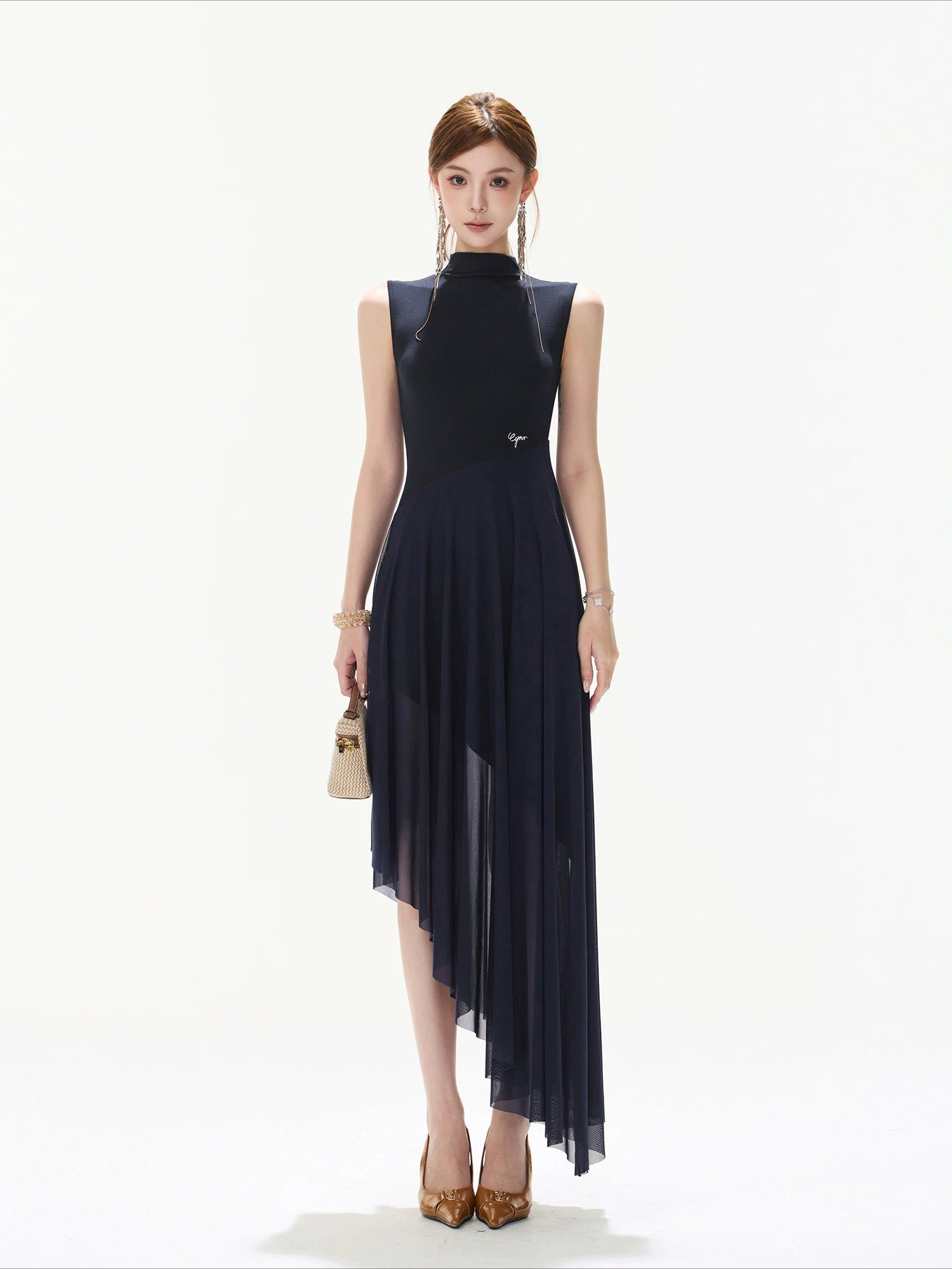 Navy Asymmetric Mock Neck Dress