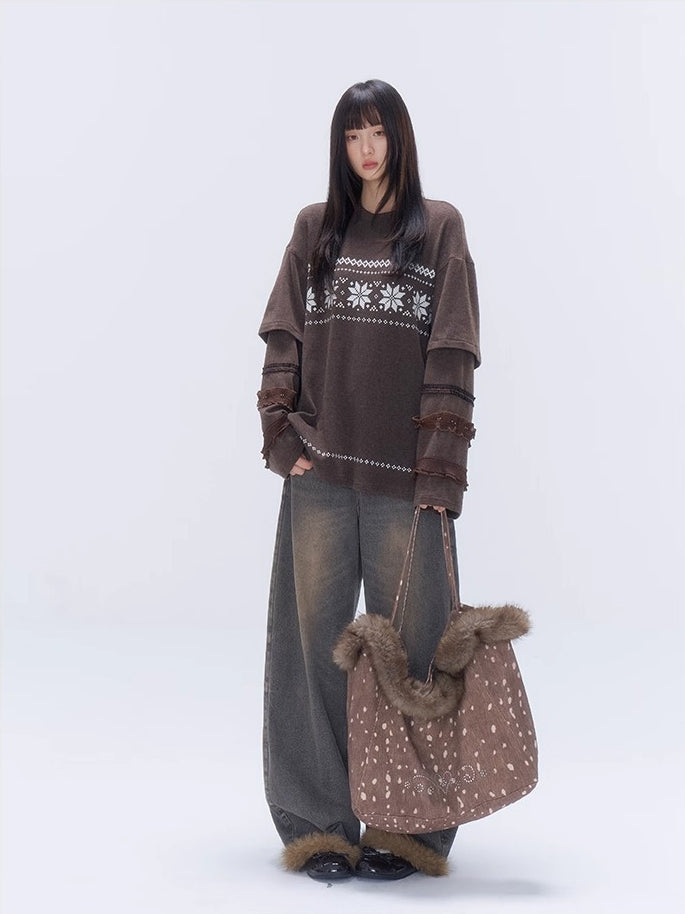 Deer Print Rhinestone Fur-Trim Tote