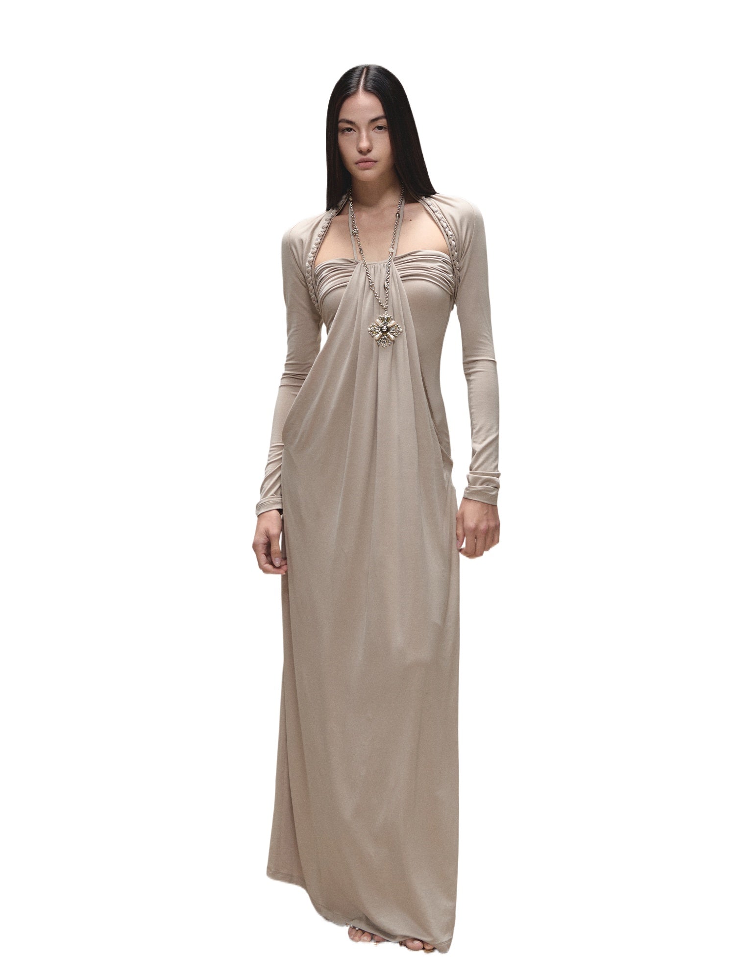 Khaki Lyocell Braided-Halter Ruched Dress Set
