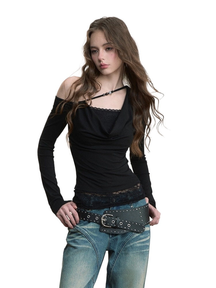 Asymmetric Beaded Drape T-shirt