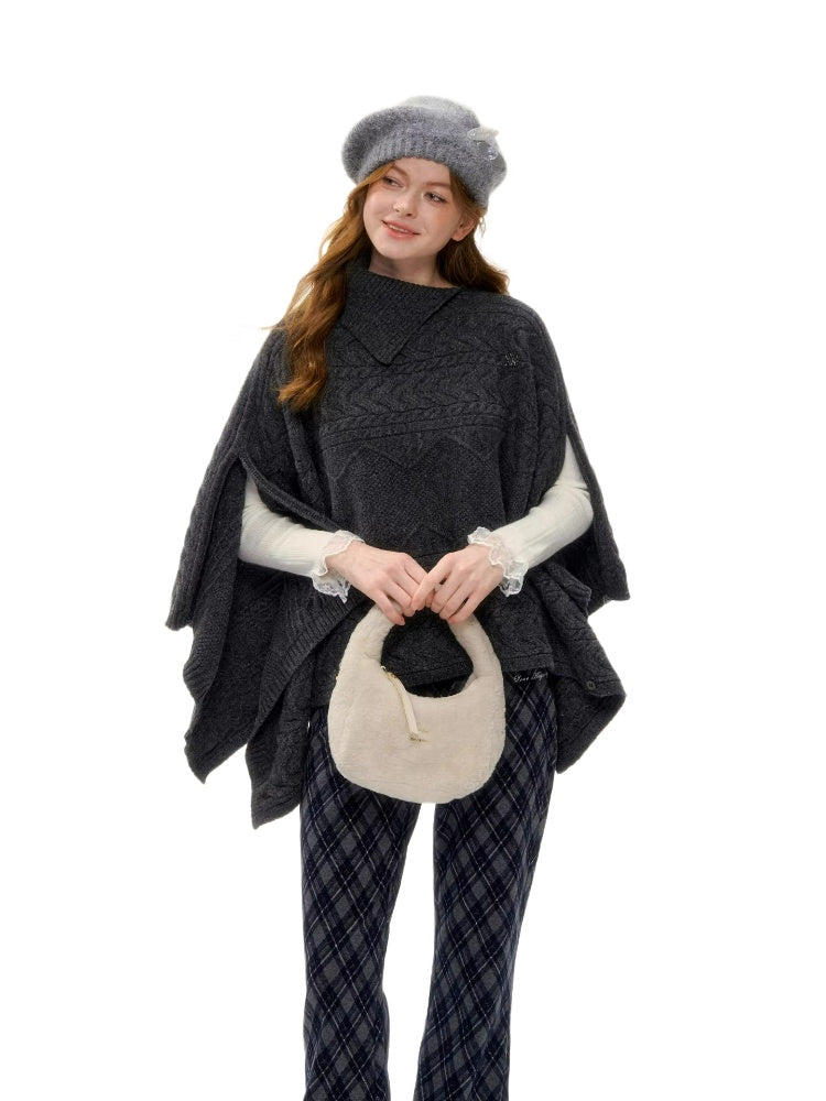 Cable-Knit Asymmetric Collar Cape Top