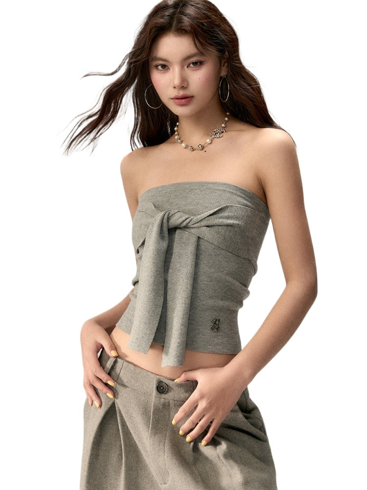 Gray & Navy Blue Tie-Knitted Top