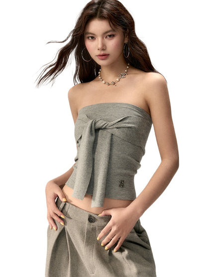 Gray &amp; Navy Blue Tie-Knitted Top