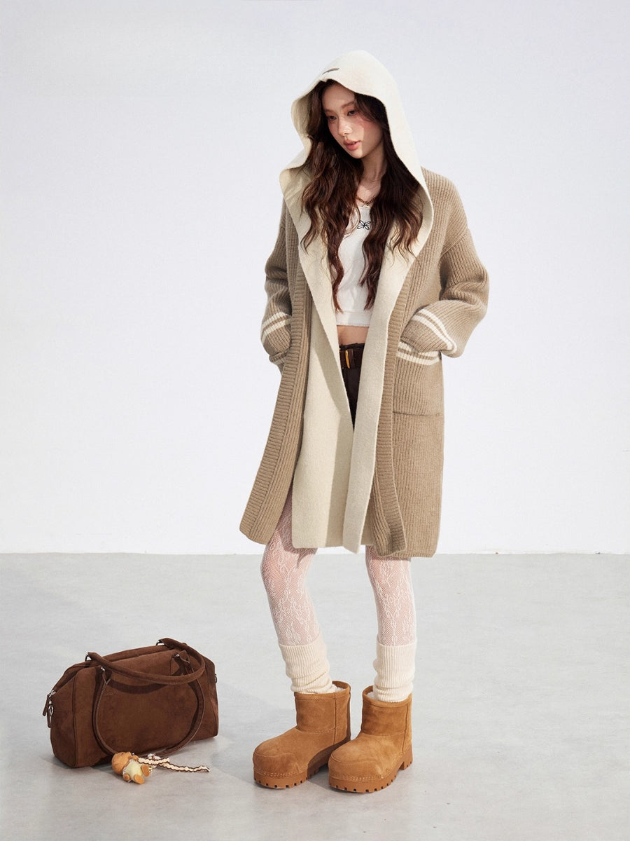 Detachable Collar Long Knit Coat