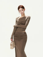 Retro Knit Off-Shoulder Top & Ruched Skirt Set