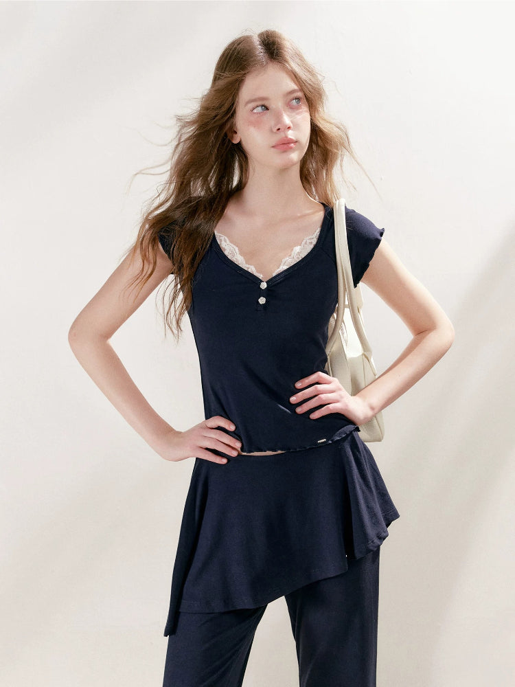 Lace U-Neck Fitted T-Shirt &amp; Pants Set