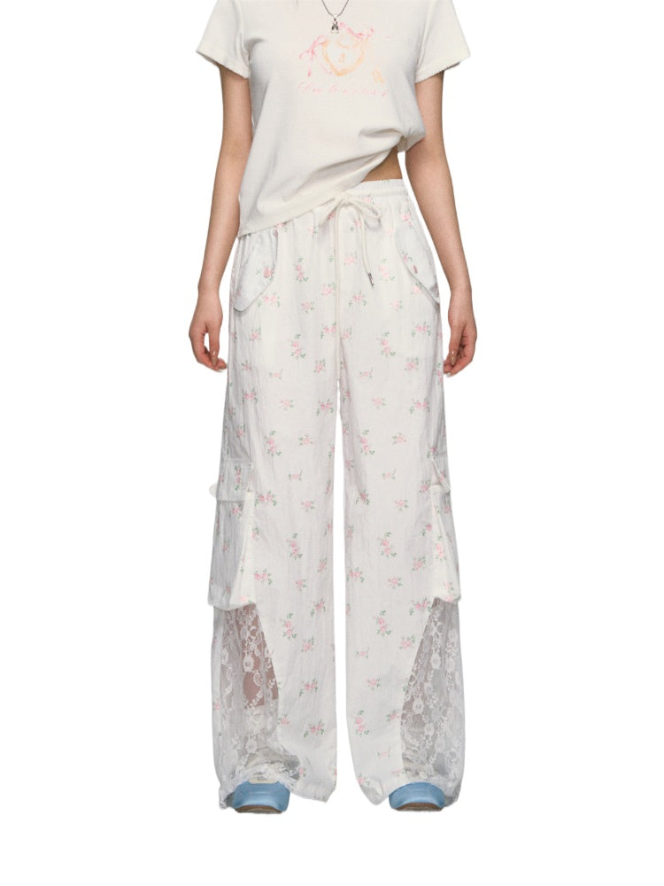 Hollow-Out Patchwork Floral Straight-Leg Pants