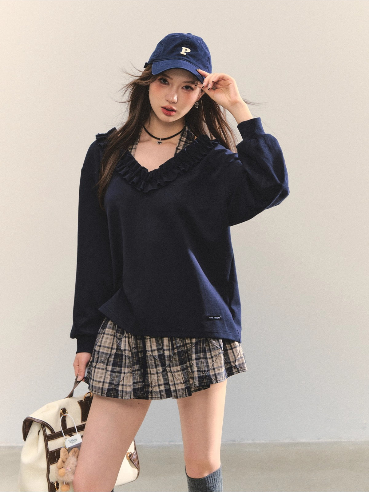 Navy Blue Plaid Halter Ruffle Sweatshirt &amp; Skirt set