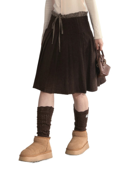 “Chestnut” Double-Waist Pleated Corduroy Skirt