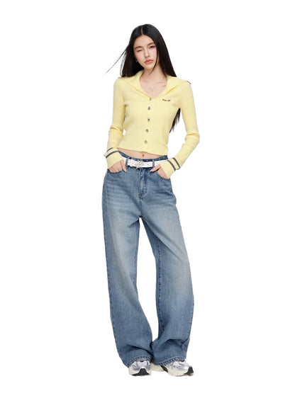 Letter Embroidery Denim Wide-Leg Pants