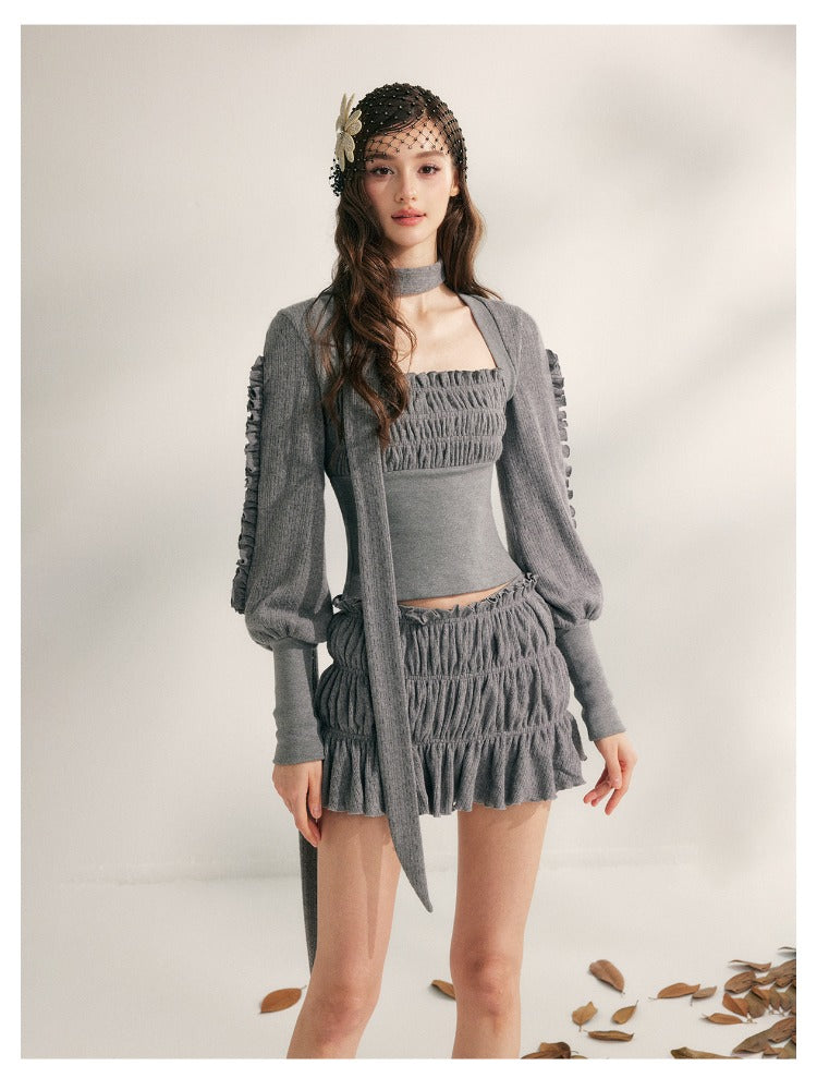 Pleated Ruffle Knit Top &amp; Skirt Set