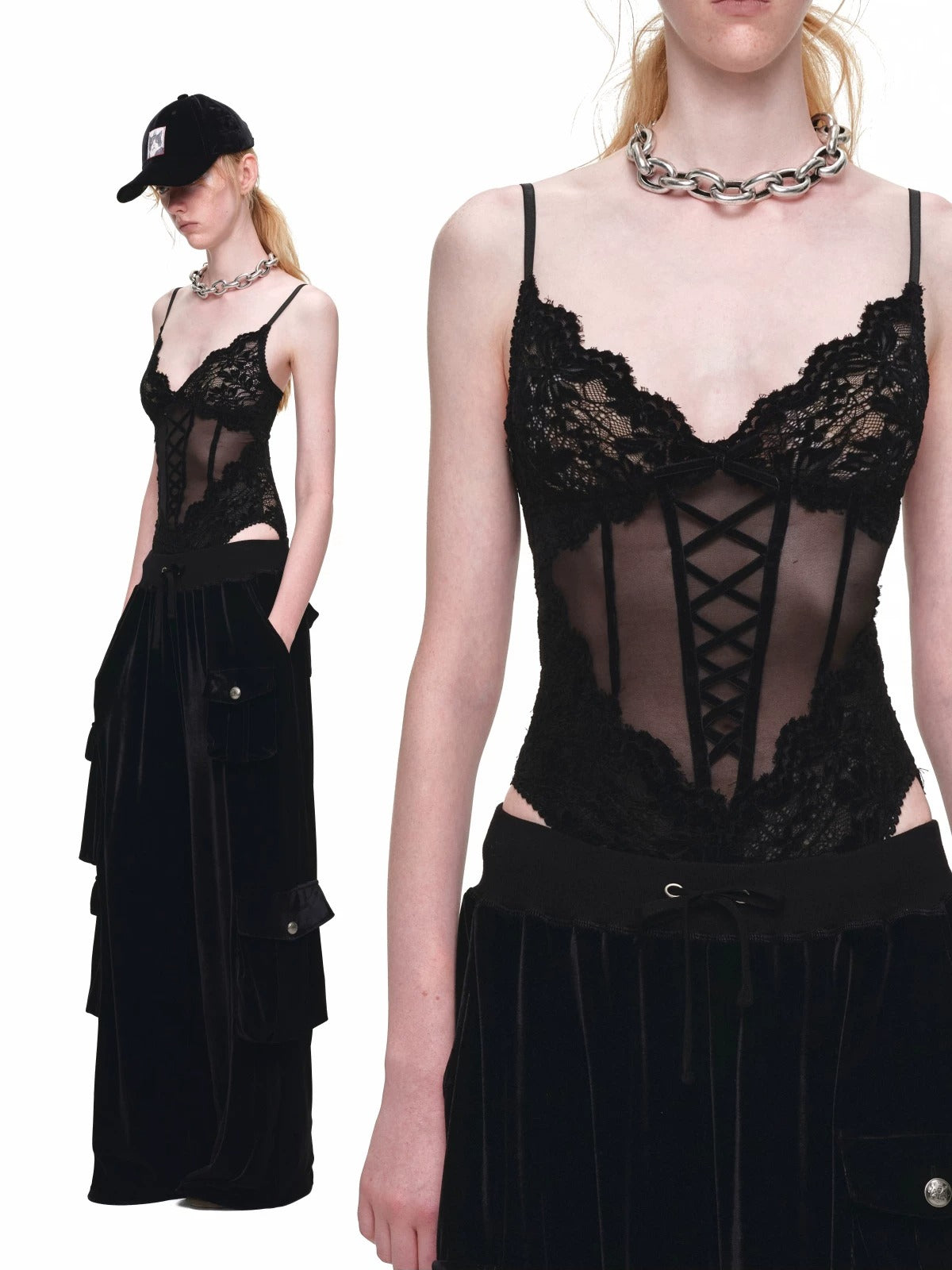 Flocked Lace V-Neck Mesh Bodysuit