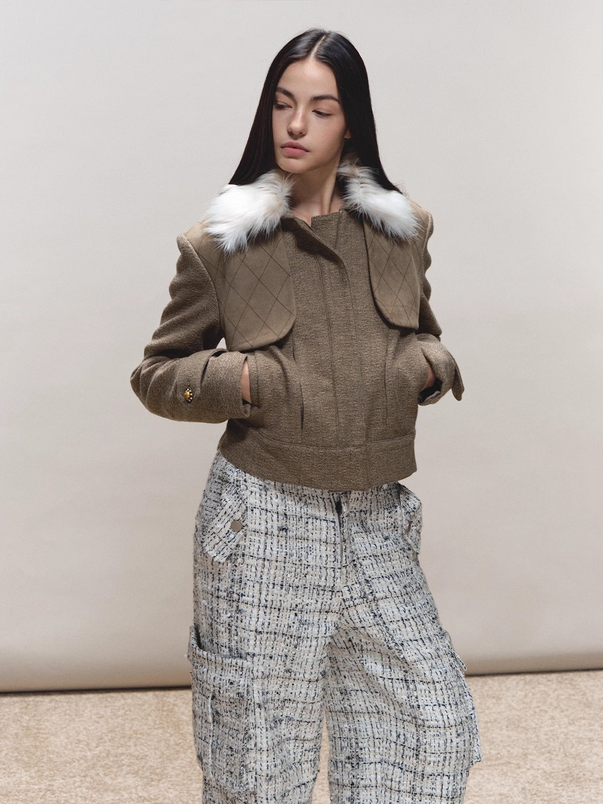 Contrast Quilted Fur-Collar Jacket