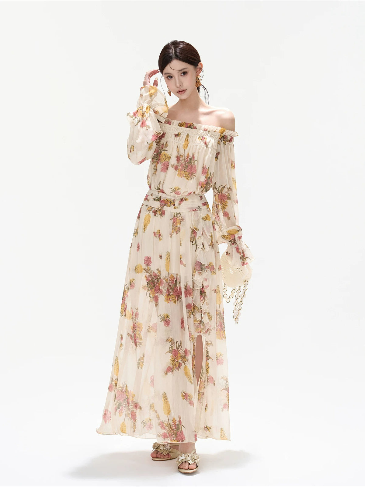 Floral Print Off Shoulder Chiffon Dress