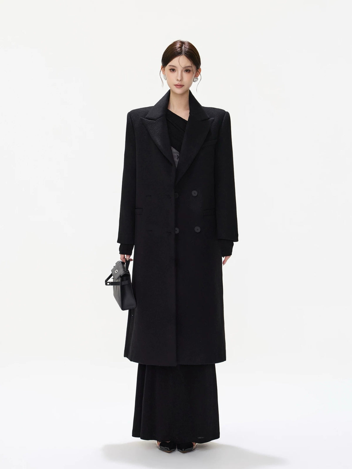 Black Tailored Wool Blend Long Coat