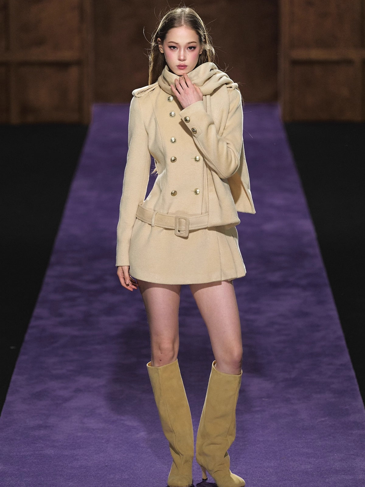 Wool Scarf-Collar Double-Breasted Dress