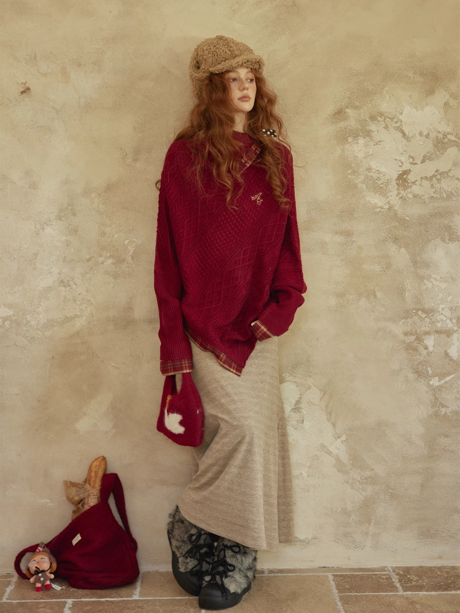 Plaid Patchwork Batwing Sleeve Knit Sweater