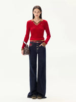 Contrast Layered V-Neck Wool Sweater