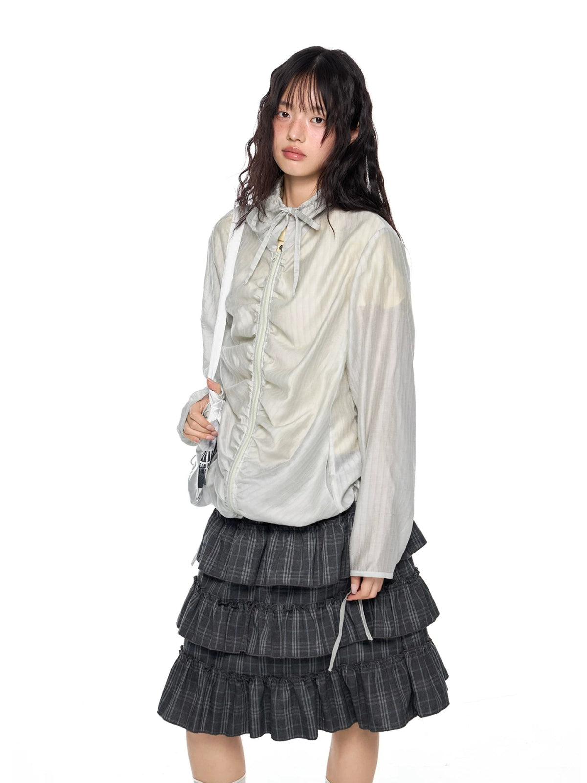 Gathered Tie Plaid Lightweight Blouse