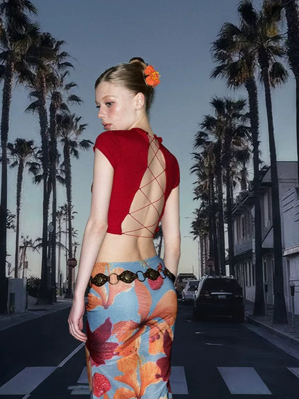 Red Backless Tie Crop Tee