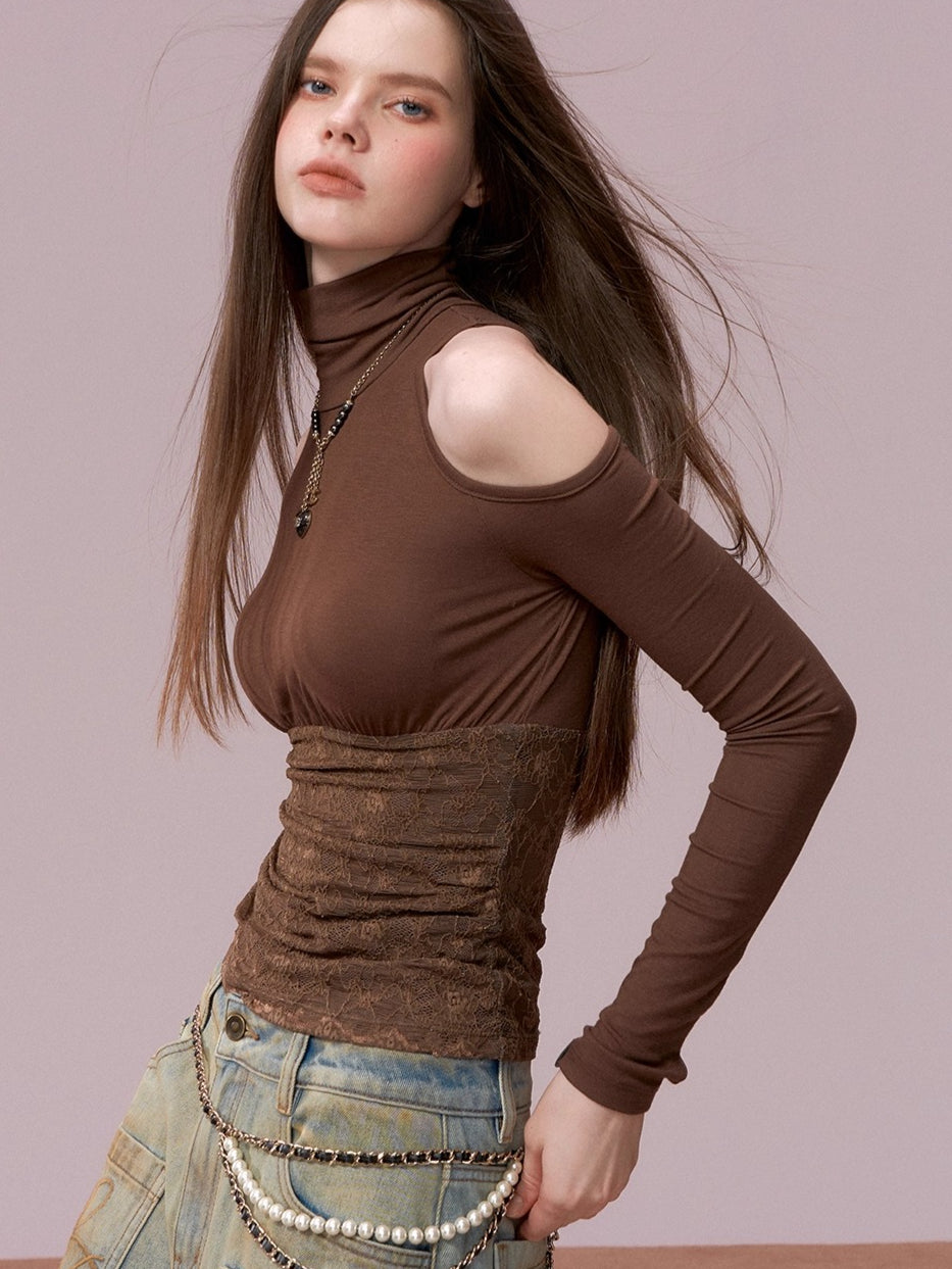 Lace Cold-Shoulder High Neck Long Sleeve Top